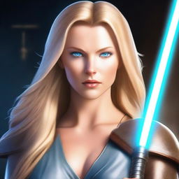 A beautiful Jedi with long blonde hair, blue eyes, and a toned body