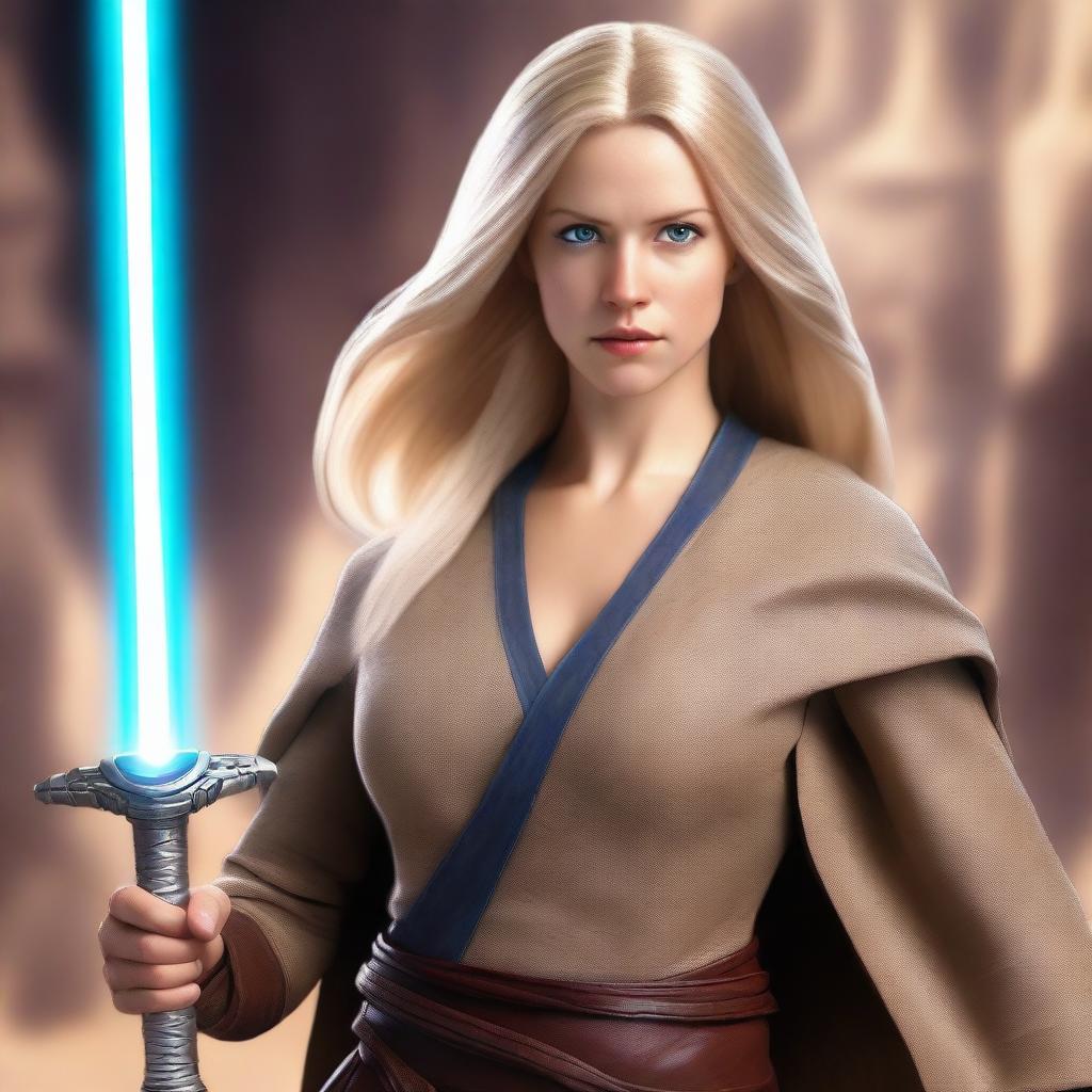 A beautiful woman with long blonde hair, blue eyes, and a toned body, dressed in traditional Jedi clothes