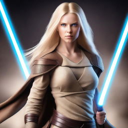 A beautiful woman with long blonde hair, blue eyes, and a toned body, dressed in traditional Jedi clothes