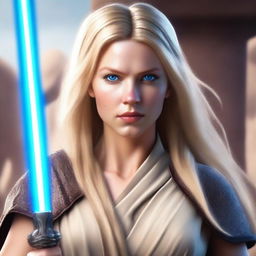 A beautiful woman with long blonde hair, blue eyes, and a toned body, dressed in traditional Jedi clothes