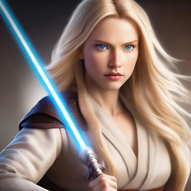 A beautiful woman with long blonde hair, blue eyes, and a toned body, dressed in traditional Jedi clothes