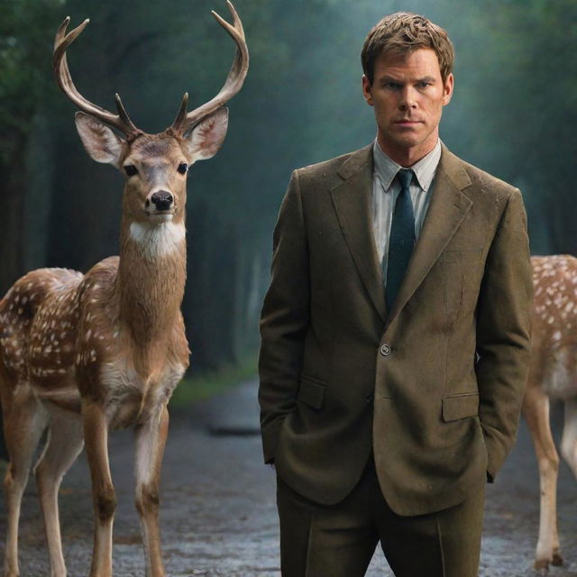 Dexter Morgan, the intelligent blood spatter analyst from 'Dexter', and Louis, the charming, intellectual deer from 'Beastars', standing back to back in a dramatic and tense atmosphere.