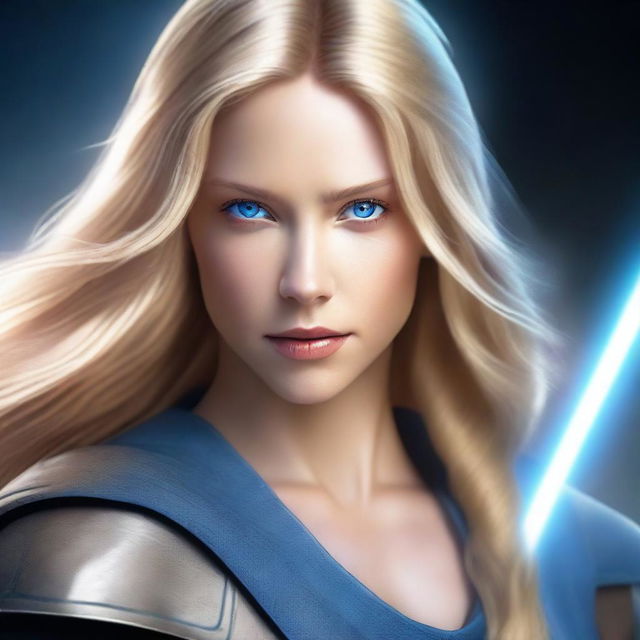 A realistic depiction of a beautiful woman with long blonde hair, blue eyes, and a toned body