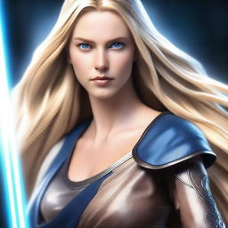 A realistic depiction of a beautiful woman with long blonde hair, blue eyes, and a toned body