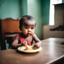 A baby suffering from stunting is eating food