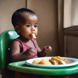 A baby suffering from stunting is eating food