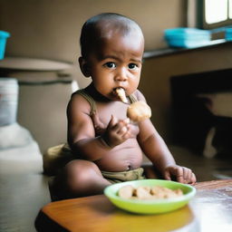 A baby suffering from stunting is eating food