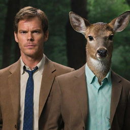 Dexter Morgan, the intelligent blood spatter analyst from 'Dexter', and Louis, the charming, intellectual deer from 'Beastars', standing back to back in a dramatic and tense atmosphere.