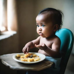 A baby suffering from stunting is eating food