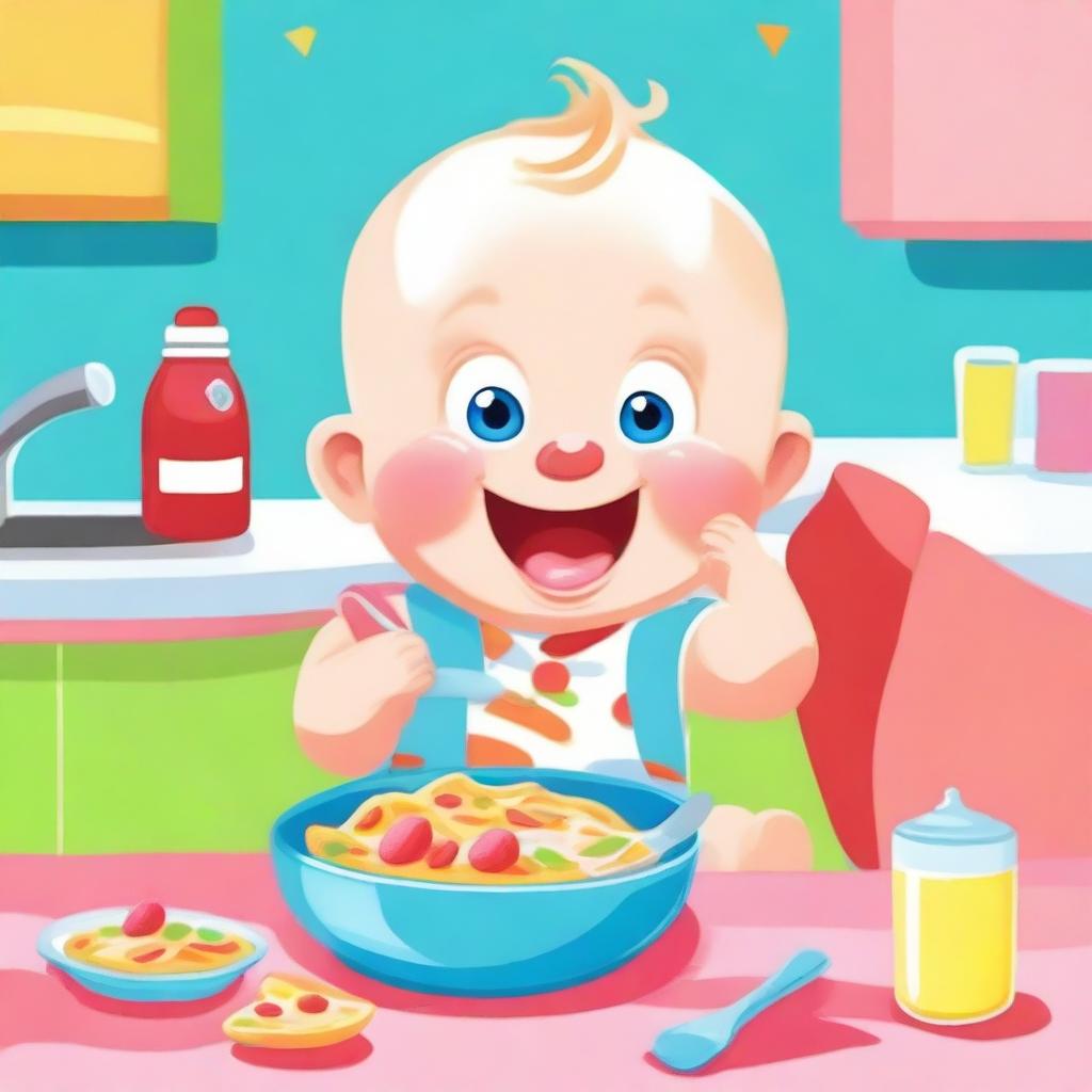 A cute cartoon baby sitting in a high chair, happily eating food with a spoon