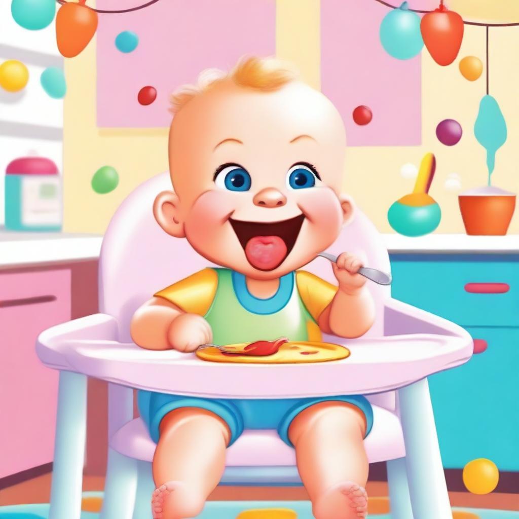 A cute cartoon baby sitting in a high chair, happily eating food with a spoon