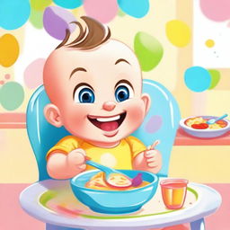 A cute cartoon baby sitting in a high chair, happily eating food with a spoon