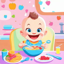 A cute cartoon baby sitting in a high chair, happily eating food with a spoon