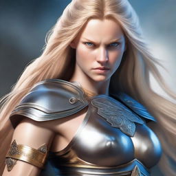 A realistic depiction of a beautiful warrior with long blonde hair, blue eyes, and a toned body