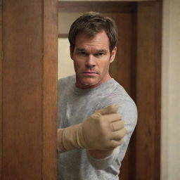 Dexter Morgan, clothed in his iconic casual attire, knocking on a wooden door with a stern expression on his face, wearing clean, good quality gloves on his hands.