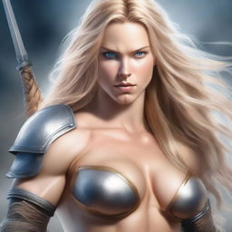 A realistic depiction of a beautiful warrior with long blonde hair, blue eyes, and a toned body