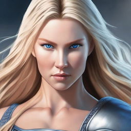 A realistic depiction of a beautiful warrior with long blonde hair, blue eyes, and a toned body