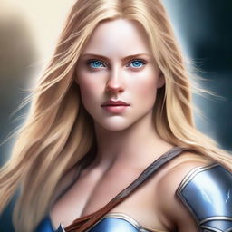 A realistic depiction of a beautiful warrior with long blonde hair, blue eyes, and a toned body