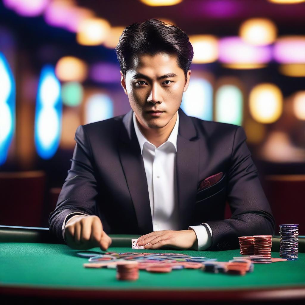 A stylish Korean individual playing at a casino table, wearing elegant attire