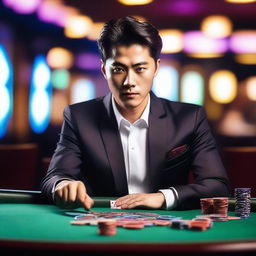 A stylish Korean individual playing at a casino table, wearing elegant attire