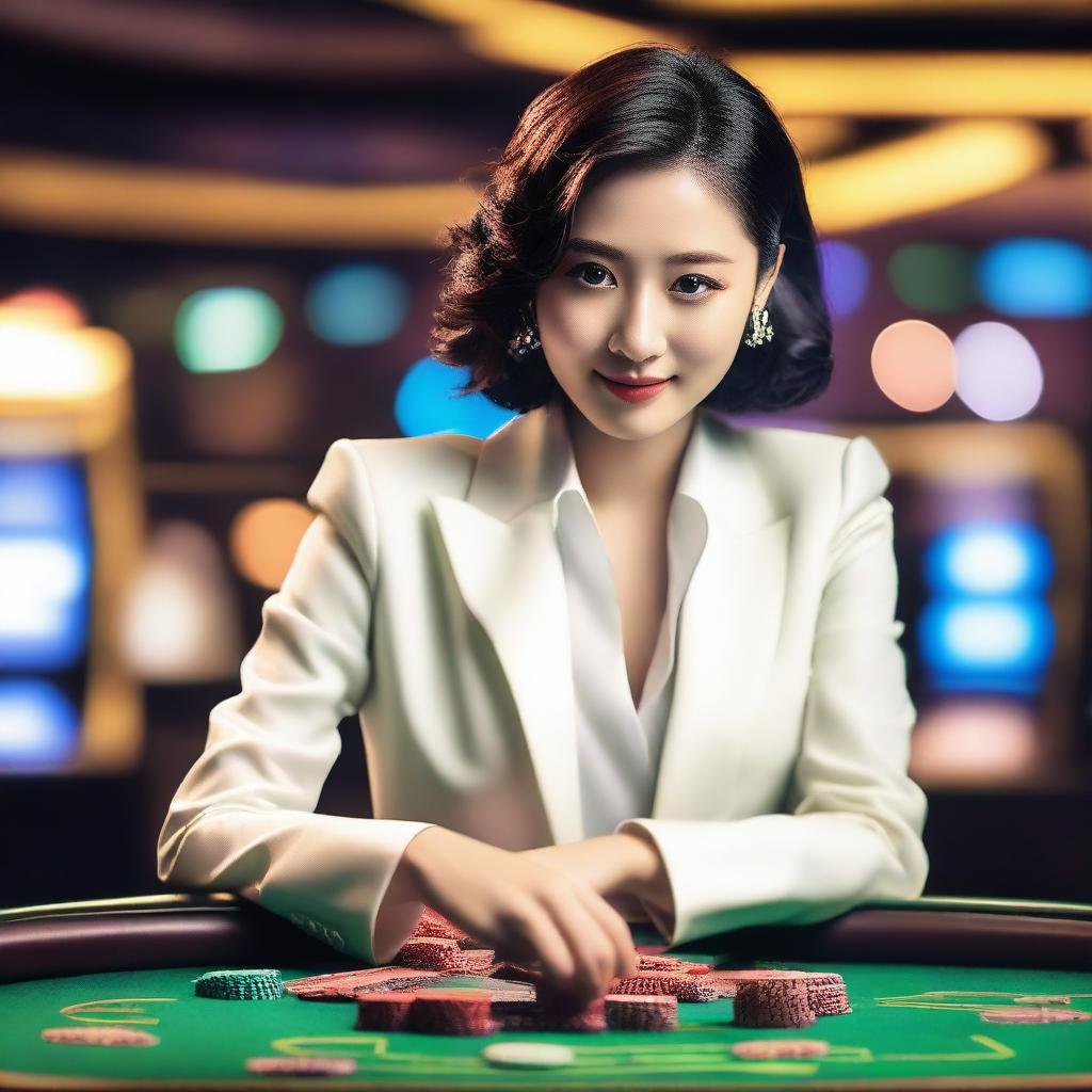 A stylish Korean individual playing at a casino table, wearing elegant attire