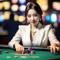 A stylish Korean individual playing at a casino table, wearing elegant attire