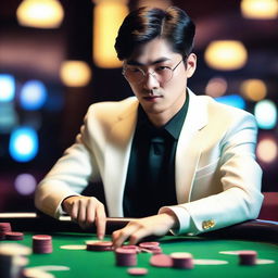 A stylish Korean individual playing at a casino table, wearing elegant attire