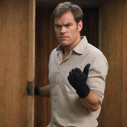 Dexter Morgan, clothed in his iconic casual attire, knocking on a wooden door with a stern expression on his face, wearing clean, good quality gloves on his hands.