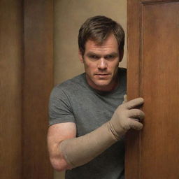 Dexter Morgan, clothed in his iconic casual attire, knocking on a wooden door with a stern expression on his face, wearing clean, good quality gloves on his hands.