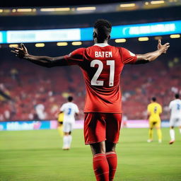 A football player wearing the number 27 jersey, celebrating his goal