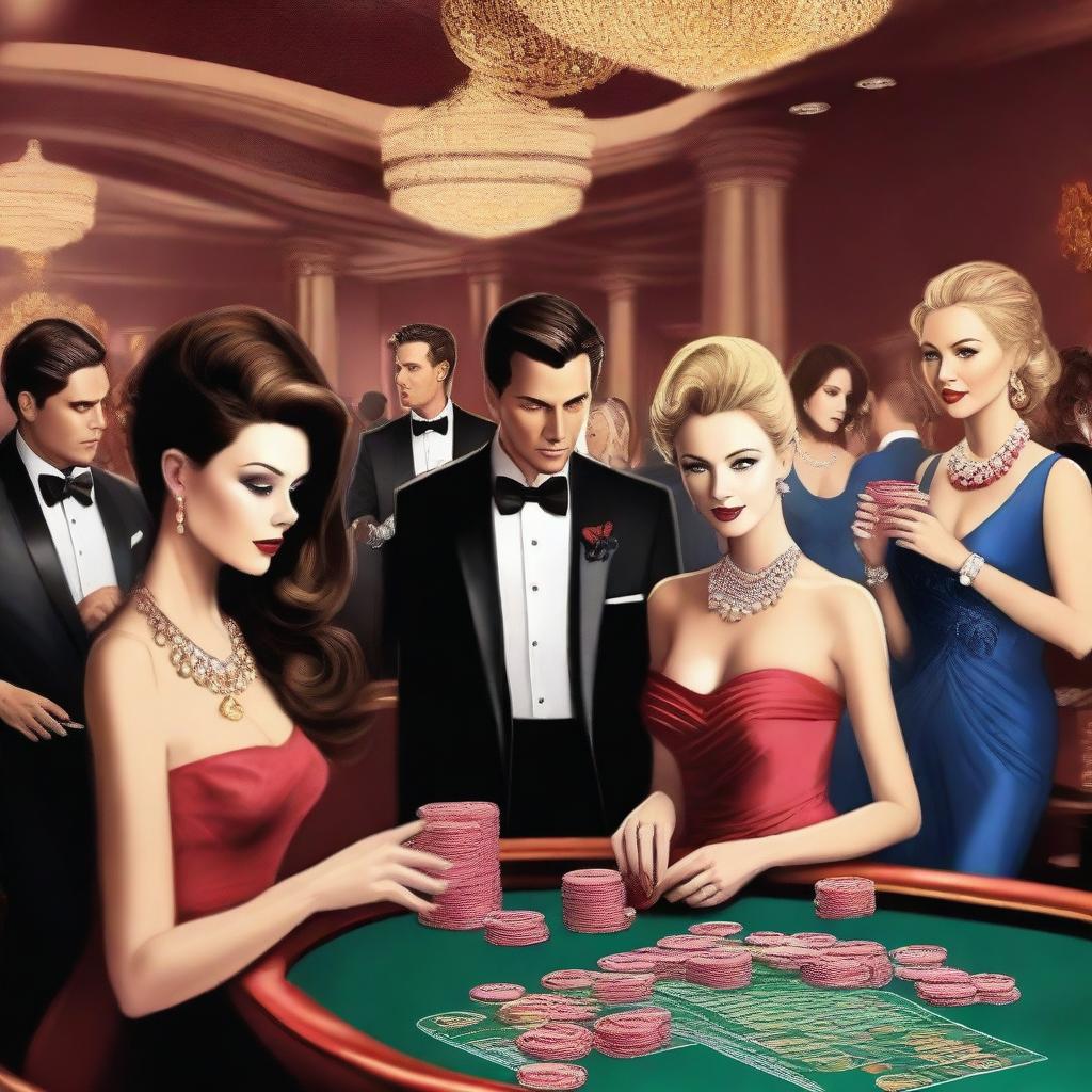 A group of millionaires dressed in luxurious suits and evening gowns, playing at a high-end casino