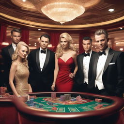 A group of millionaires dressed in luxurious suits and evening gowns, playing at a high-end casino