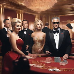 A group of millionaires dressed in luxurious suits and evening gowns, playing at a high-end casino