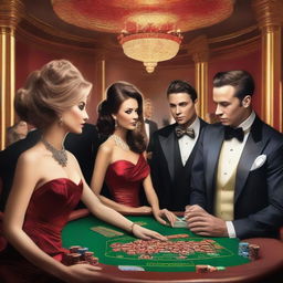 A group of millionaires dressed in luxurious suits and evening gowns, playing at a high-end casino