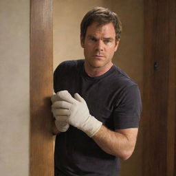 Dexter Morgan, clothed in his iconic casual attire, knocking on a wooden door with a stern expression on his face, wearing clean, good quality gloves on his hands.