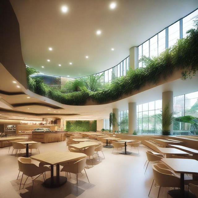 A unique cafeteria with a 15x9 meter space, featuring a natural, asymmetrical floor resembling a short hill