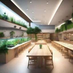 A unique cafeteria with a 15x9 meter space, featuring a natural, asymmetrical floor resembling a short hill