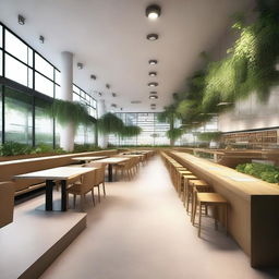 A unique cafeteria with a 15x9 meter space, featuring a natural, asymmetrical floor resembling a short hill