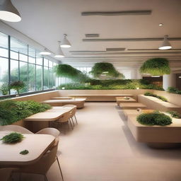 A unique cafeteria with a 15x9 meter space, featuring a natural, asymmetrical floor resembling a short hill