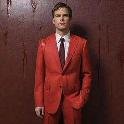 Anime style Dexter Morgan dressed in a vivid red suit, standing confidently in front of an ominous wall that's dripping with blood.