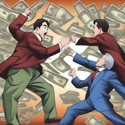 An intense depiction of currency wars with various global currencies like the dollar, euro, yen, and pound battling against each other