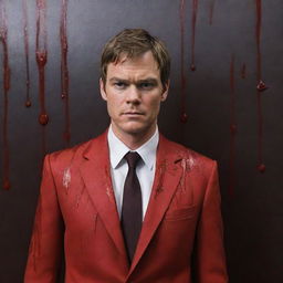 Anime style Dexter Morgan dressed in a vivid red suit, standing confidently in front of an ominous wall that's dripping with blood.