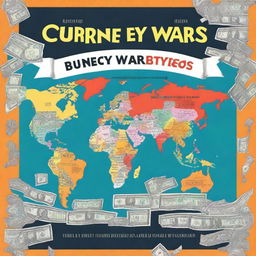 An illustration of a book cover titled 'Currency Wars: Reasons and Repercussions' by Varshini, grade 12