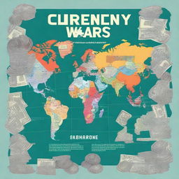 An illustration of a book cover titled 'Currency Wars: Reasons and Repercussions' by Varshini, grade 12