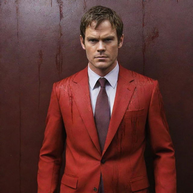 Anime style Dexter Morgan dressed in a vivid red suit, standing confidently in front of an ominous wall that's dripping with blood.