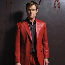 Anime style Dexter Morgan dressed in a vivid red suit, standing confidently in front of an ominous wall that's dripping with blood.