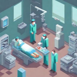 Doctors performing a surgical operation, depicted in a pixel art style