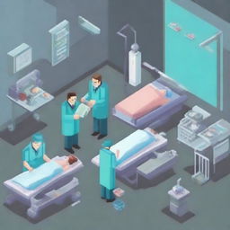 Doctors performing a surgical operation, depicted in a pixel art style