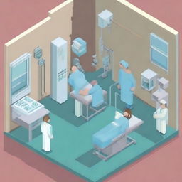 Doctors performing a surgical operation, depicted in a pixel art style