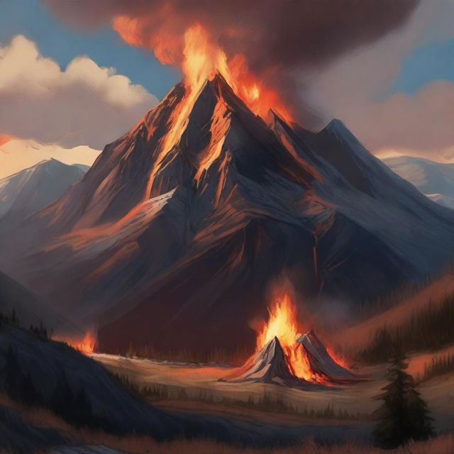 A majestic mountain with a blazing fire at its peak, surrounded by a rugged landscape